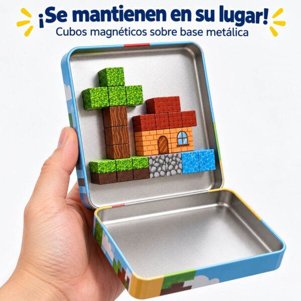 Figuras construidas con bloques magnéticos adheridas firmemente a la tapa de la caja metálica sin caerse