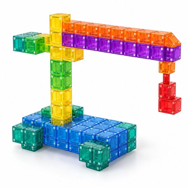 Grúa multicolor construida con bloques magnéticos cúbicos translúcidos