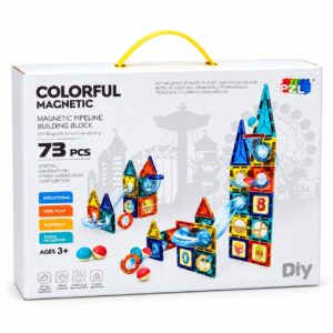 Caja del set de bloques magnéticos con tobogán de 73 piezas Colorful Magnetic con manilla de transporte