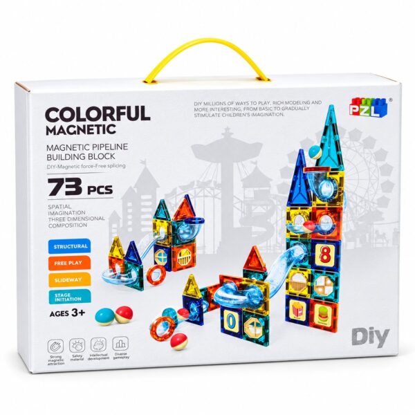 Caja del set de bloques magnéticos con tobogán de 73 piezas Colorful Magnetic con manilla de transporte