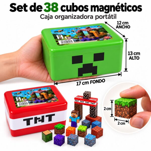 Dimensiones de cubos magnéticos 2x2 cm y caja de transporte 17x12x12 cm