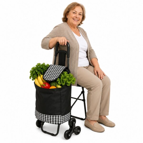 Carro de compras con asiento desplegable y sistema de 6 ruedas sube escaleras color negro