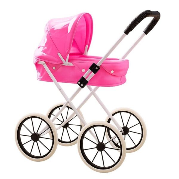 Coche cuna de juguete estilo clásico color rosado con capota y ruedas grandes para muñecas