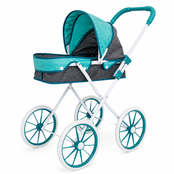 Cochecito cuna para muñecas en color turquesa con ruedas altas y capota ajustable