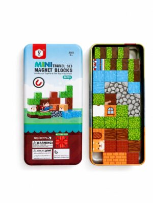 Set de 38 cubos magnéticos para viaje con caja metálica organizadora abierta y bloques pixelados estilo Minecraft.