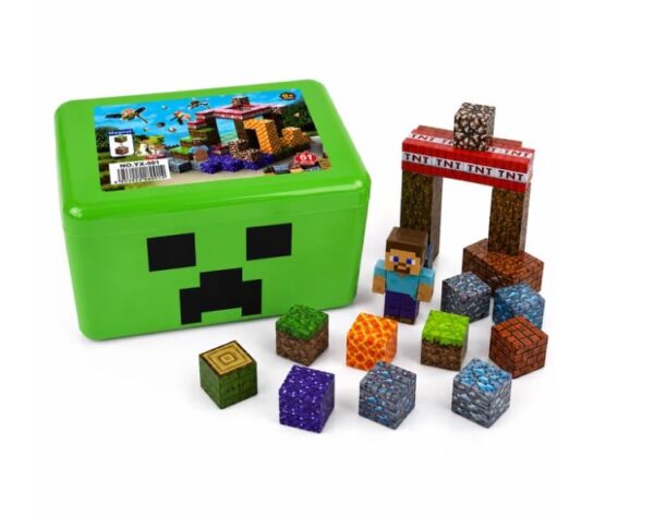 Set de 60 cubos magnéticos tipo Minecraft de 2x2 cm con caja verde y figura pixelada steve