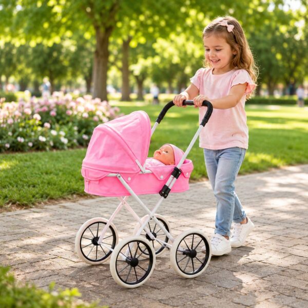 Nina juega con coche de paseo