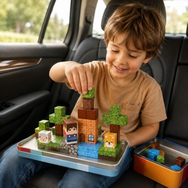 Niño jugando con el set de cubos magnéticos para viaje en el asiento trasero de un auto durante un trayecto largo