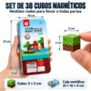 Medidas técnicas de cubos magnéticos de 2 por 2 centímetros y caja metálica de 21 por 10 centímetros.