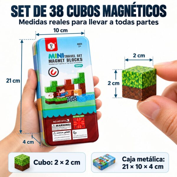 Medidas técnicas de cubos magnéticos de 2 por 2 centímetros y caja metálica de 21 por 10 centímetros.