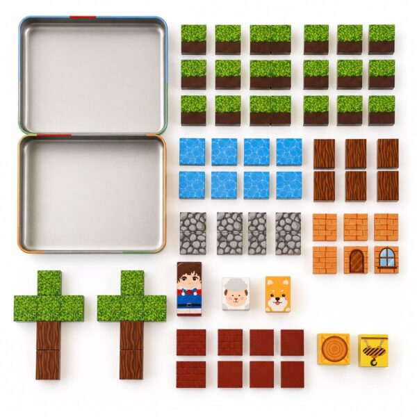 Variedad de texturas de minerales pixelados y figura articulada de construcción