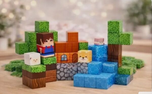 Detalle de bloques pixelados magnéticos con texturas de tierra, roca, agua y césped para construcción creativa.
