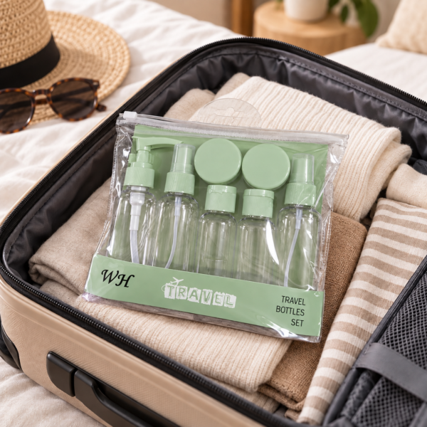 kit de viaje verde en maleta