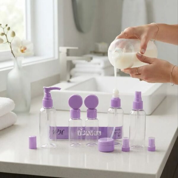 set de viaje morado en baño
